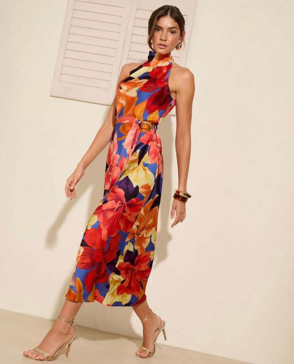 NWT Friends Like These Red Blue Floral Print Satin Midi Dress, Size US 8